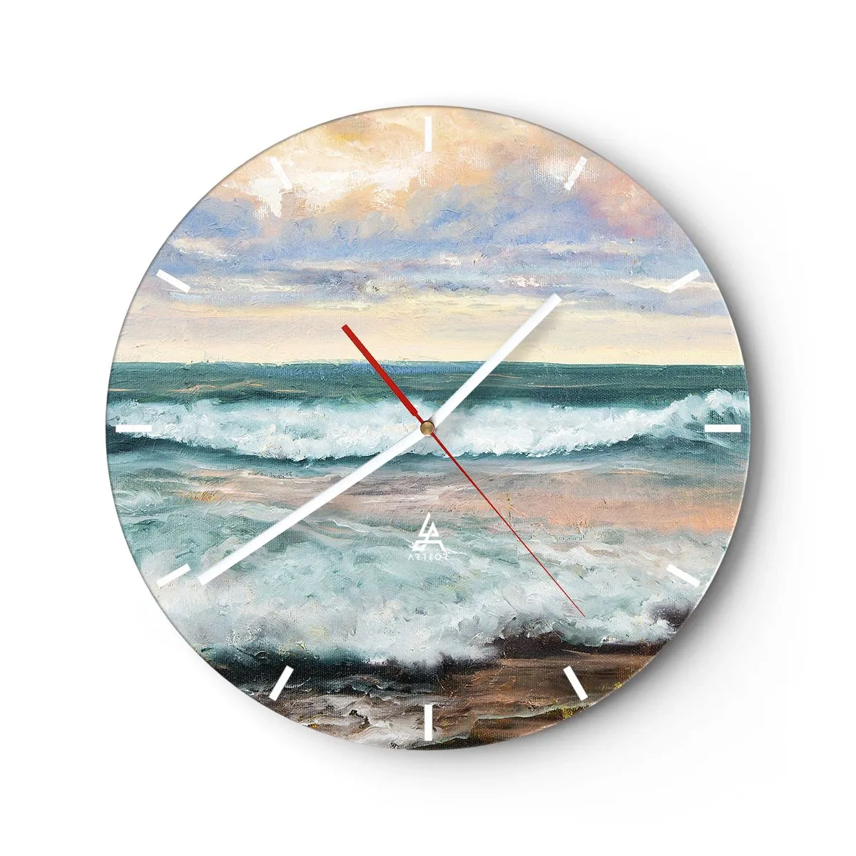 Relógio de parede - Relógio em vidro - Ondas do mar contra um céu pastel em estilo pictórico - 30x30cm - Aqui suavizas a alma - Decoração de parede moderna para a sala de estar, cozinha e quarto ARTTOR