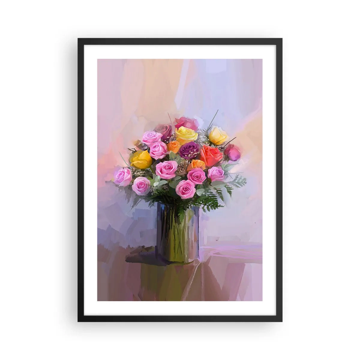 Pôster com moldura preta - Um buquê de rosas e flores em um vaso de vidro - 50x70cm - Beleza retida - Decoração de parede moderna para a sala de estar e quarto ARTTOR