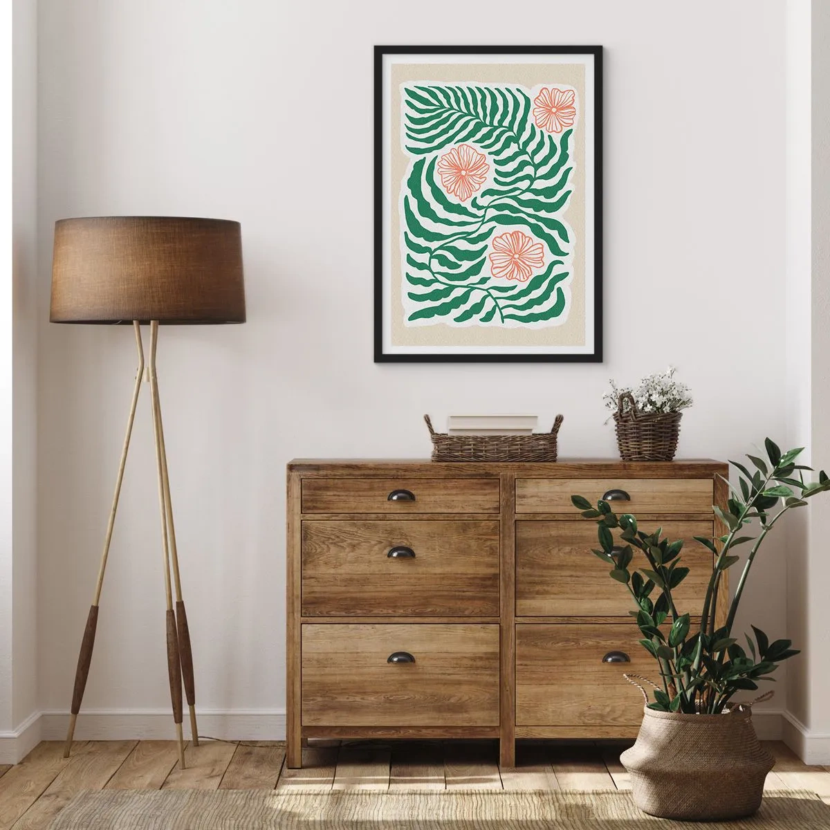Pôster com moldura preta - Gráfico abstrato de folhas e flores em um fundo bege - 50x70cm - Florescendo em verde - Decoração de parede moderna para a sala de estar e quarto ARTTOR
