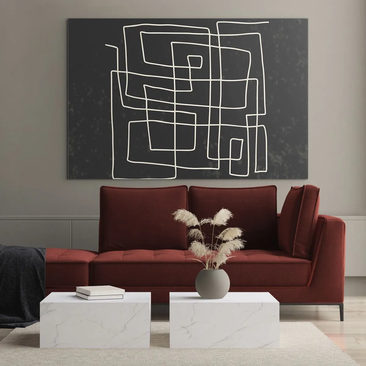 Quadro em vidro - Abstração geométrica com linhas brancas sobre fundo preto - 70x50cm - Não é tão simples - Decoração de parede moderna para a sala de estar e quarto ARTTOR