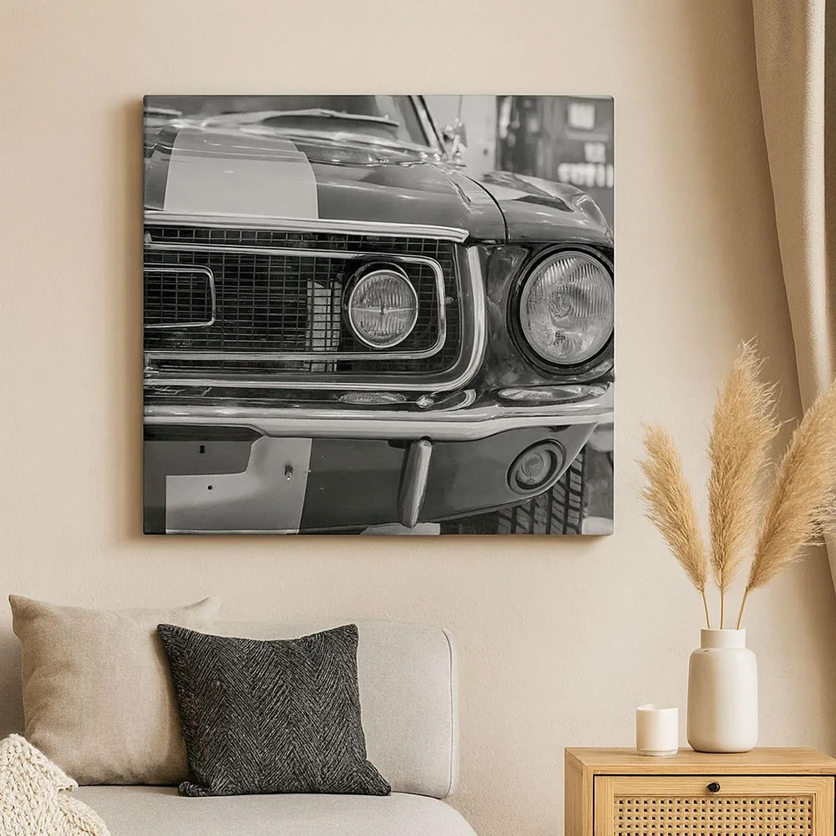 Quadro em tela - Capô de carro clássico preto e branco - 70x50cm - Condução perigosa - Decoração de parede moderna para a sala de estar e quarto ARTTOR