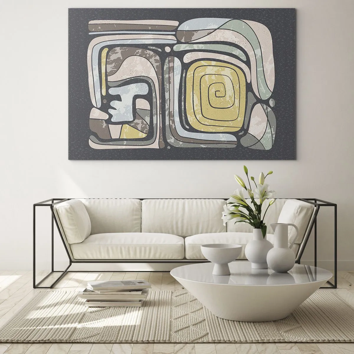 Quadro em vidro - Abstração geométrica em tons terrosos sobre fundo preto - 70x50cm - Abstração no espírito pré-colombiano - Decoração de parede moderna para a sala de estar e quarto ARTTOR