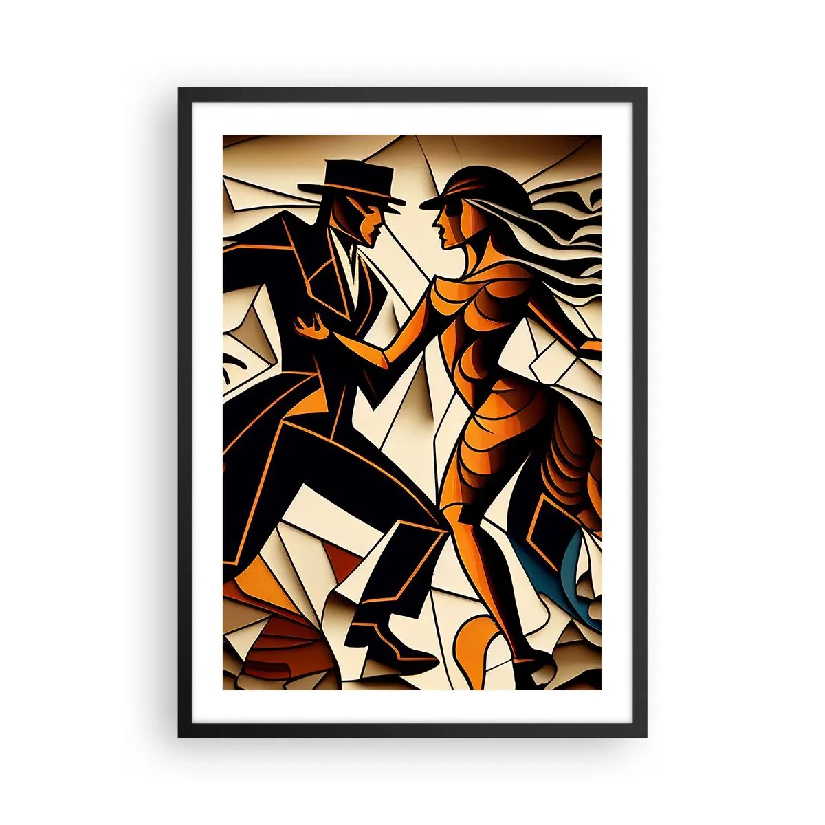 Pôster com moldura preta - Um casal dinâmico dançando tango em estilo cubista. - 50x70cm - Dança de paixão e paixão - Decoração de parede moderna para a sala de estar e quarto ARTTOR