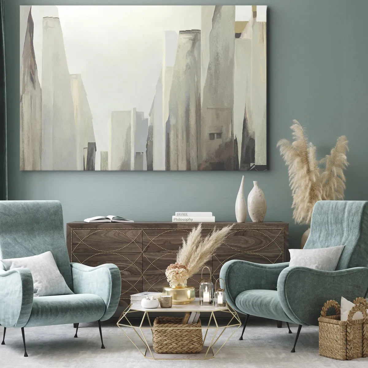 Quadro em tela - Paisagem urbana abstrata em tons pastel - 70x50cm - Sonho com a cidade - Decoração de parede moderna para a sala de estar e quarto ARTTOR