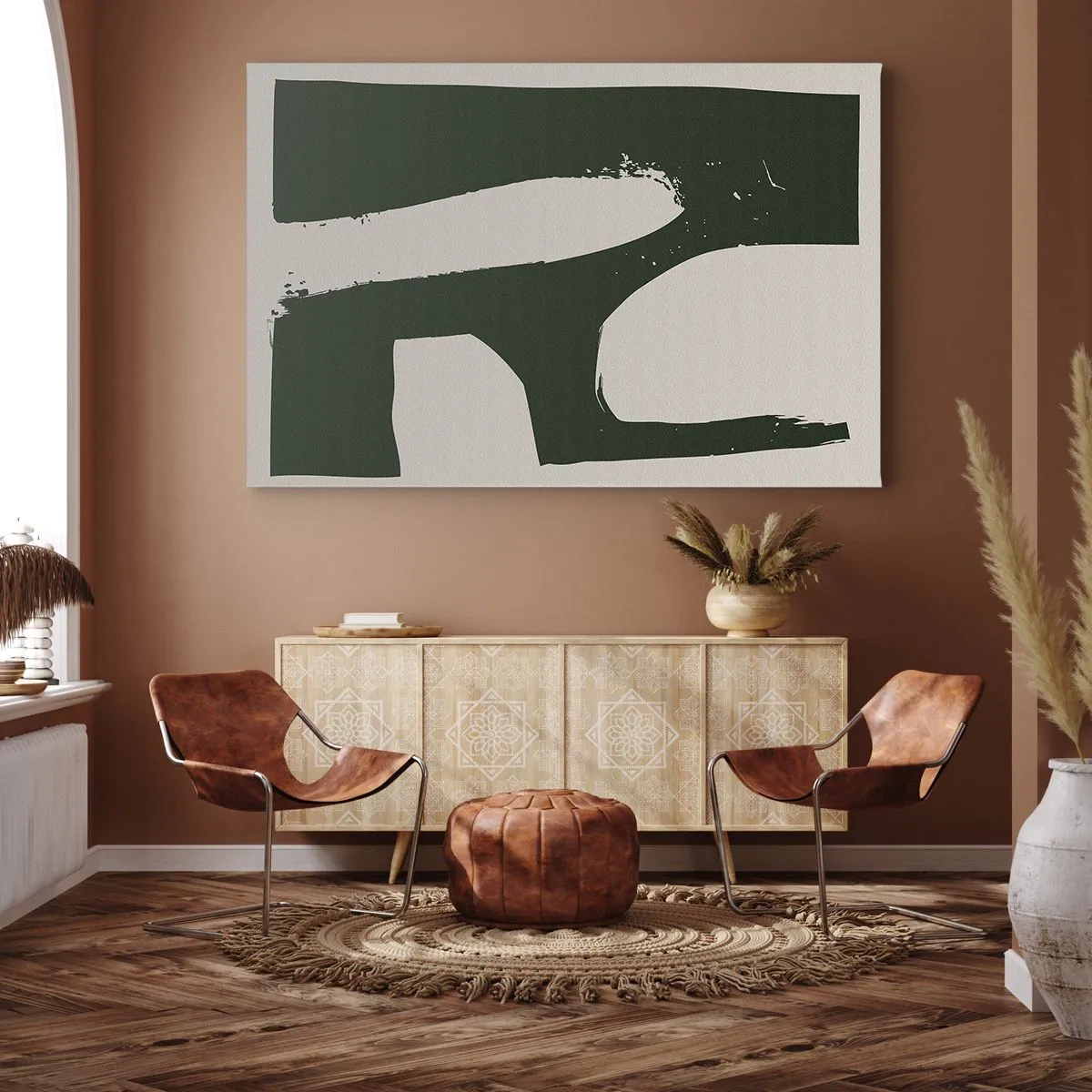Quadro em tela - Abstrato minimalista em verde sobre fundo claro - 70x50cm - Baías de branco - Decoração de parede moderna para a sala de estar e quarto ARTTOR