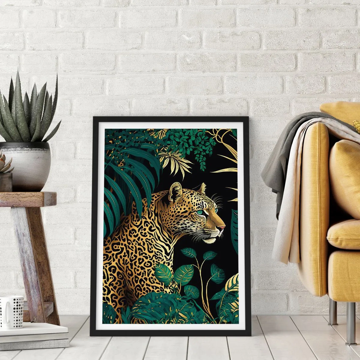 Pôster com moldura preta - Leopardo dourado na selva tropical - 50x70cm - Um anfitrião na selva - Decoração de parede moderna para a sala de estar e quarto ARTTOR