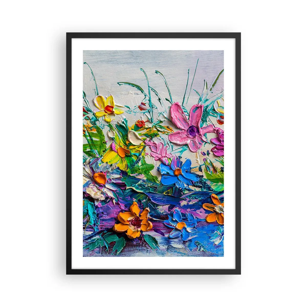 Pôster com moldura preta - Uma composição floral pintada com textura espessa e cores vivas - 50x70cm - Não é de todo natureza morta - Decoração de parede moderna para a sala de estar e quarto ARTTOR