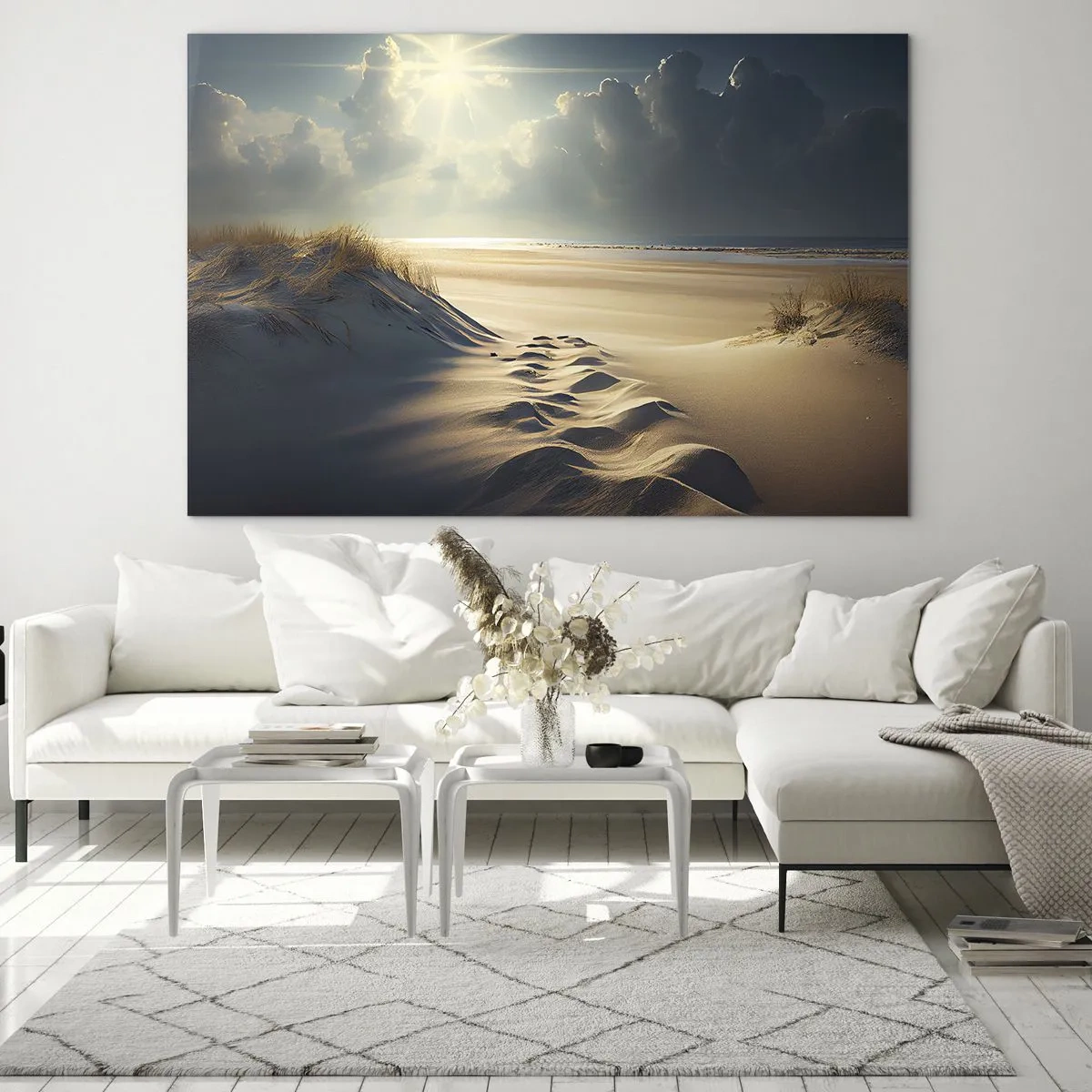 Quadro em vidro - Dunas douradas iluminadas pelos raios do sol - 70x50cm - Uma paisagem relaxante - Decoração de parede moderna para a sala de estar e quarto ARTTOR