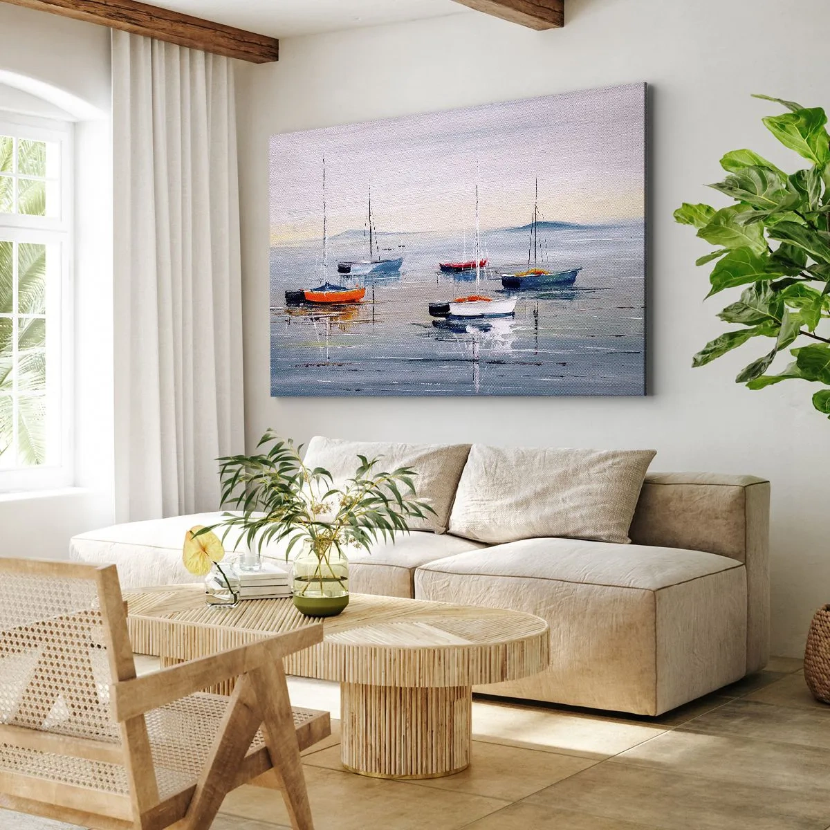 Quadro em tela - Barcos coloridos em águas calmas - 70x50cm - Um merecido descanso - Decoração de parede moderna para a sala de estar e quarto ARTTOR