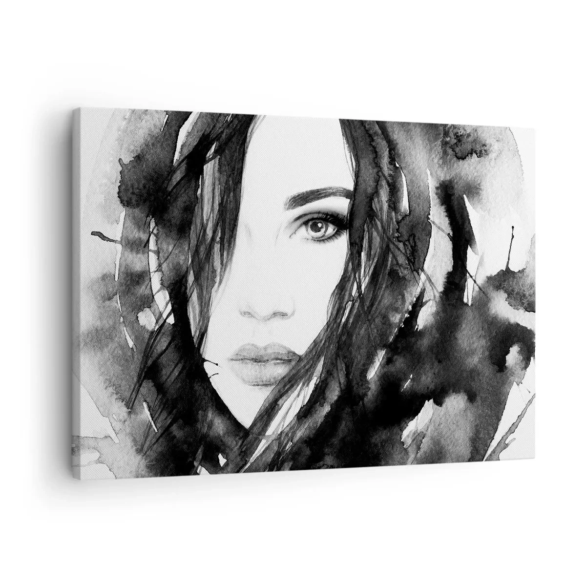 Quadro em tela - Retrato de uma mulher em aquarela em preto e branco - 70x50cm - Retrato de uma dama a preto e branco - Decoração de parede moderna para a sala de estar e quarto ARTTOR