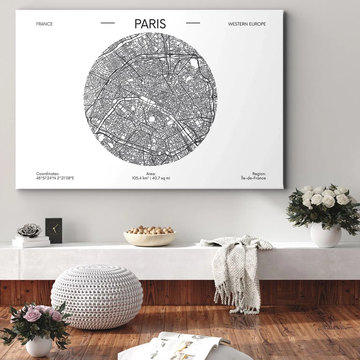Quadro em tela - Mapa de Paris em estilo minimalista - 70x50cm - Anatomia de Paris - Decoração de parede moderna para a sala de estar e quarto ARTTOR