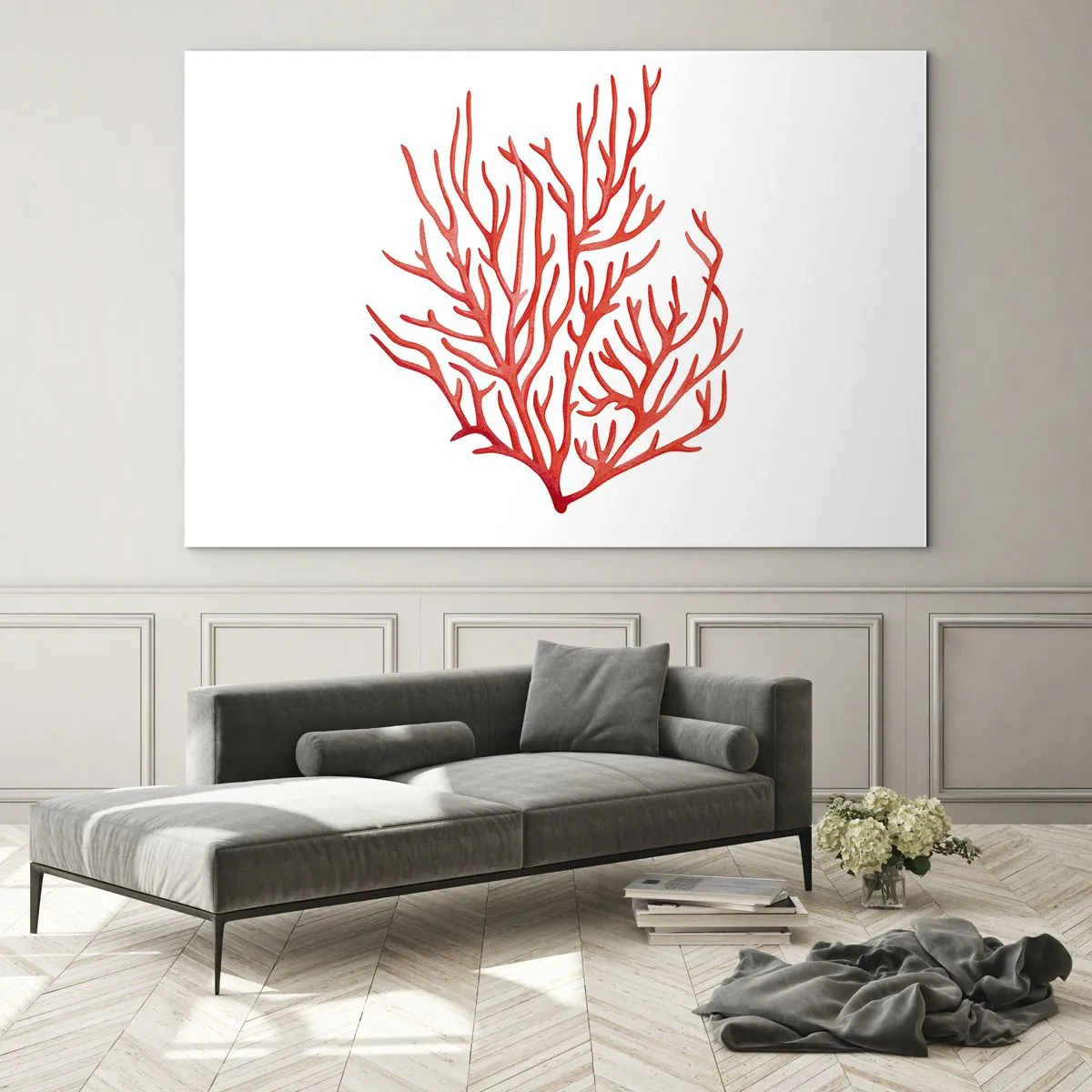 Quadro em vidro - Coral vermelho com estrutura de filigrana sobre fundo branco - 70x50cm - Filigrana coral - Decoração de parede moderna para a sala de estar e quarto ARTTOR