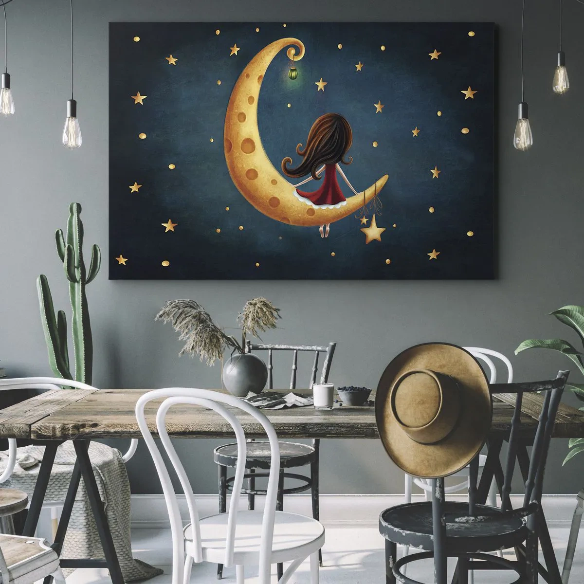 Quadro em tela - Uma garota na lua cercada por estrelas - 70x50cm - Uma vez... - Decoração de parede moderna para a sala de estar e quarto ARTTOR
