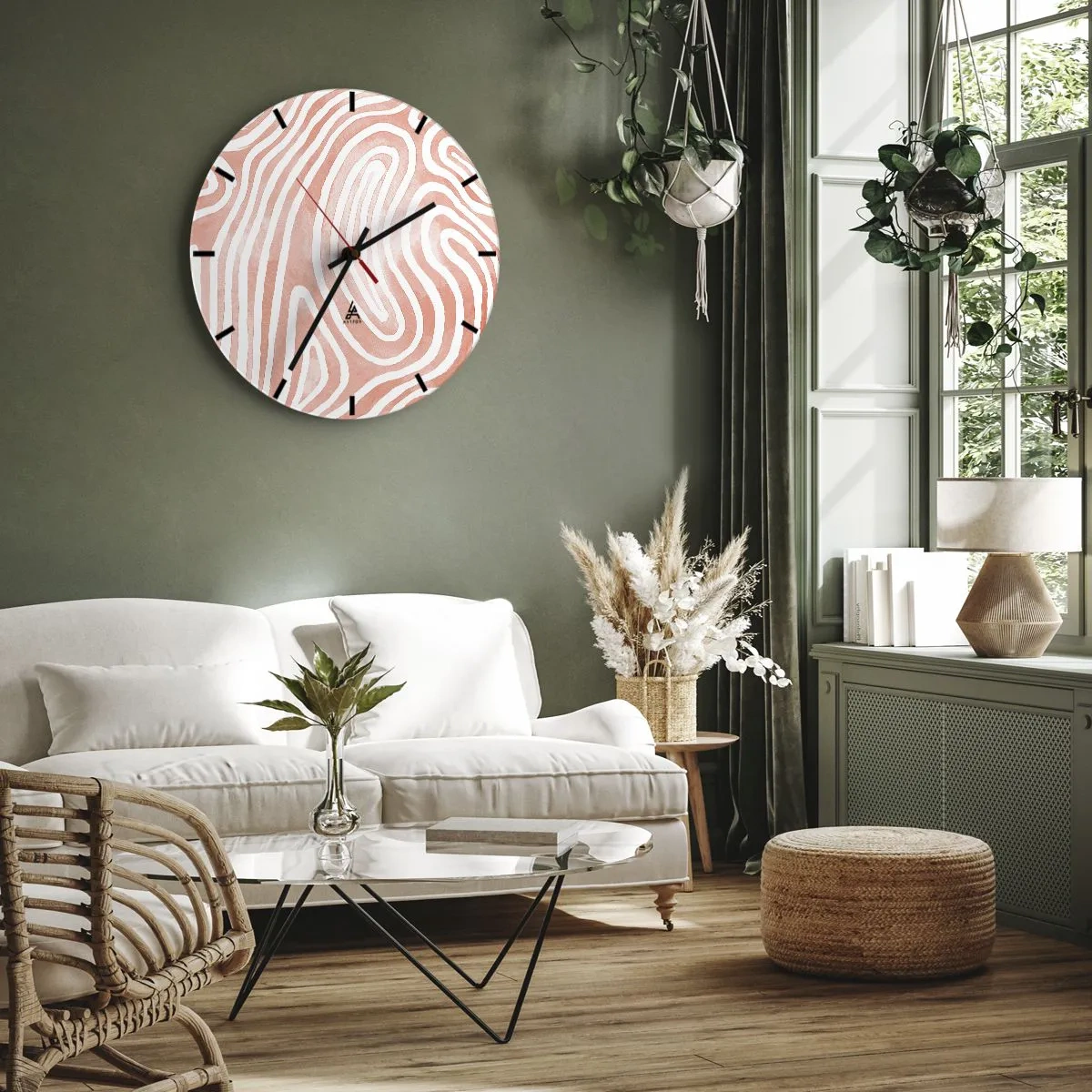 Relógio de parede - Relógio em vidro - Padrão abstrato semelhante a impressões digitais em rosa - 30x30cm - No labirinto de corais - Decoração de parede moderna para a sala de estar, cozinha e quarto ARTTOR