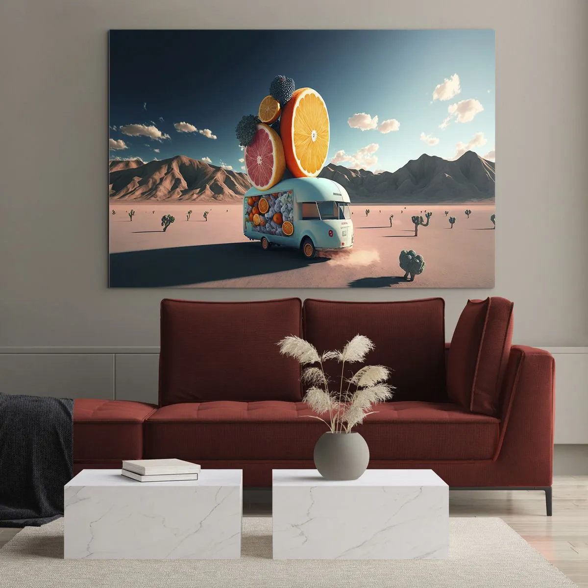 Quadro em vidro - Um trailer turquesa com frutas em uma paisagem desértica - 70x50cm - O sabor das férias - Decoração de parede moderna para a sala de estar e quarto ARTTOR