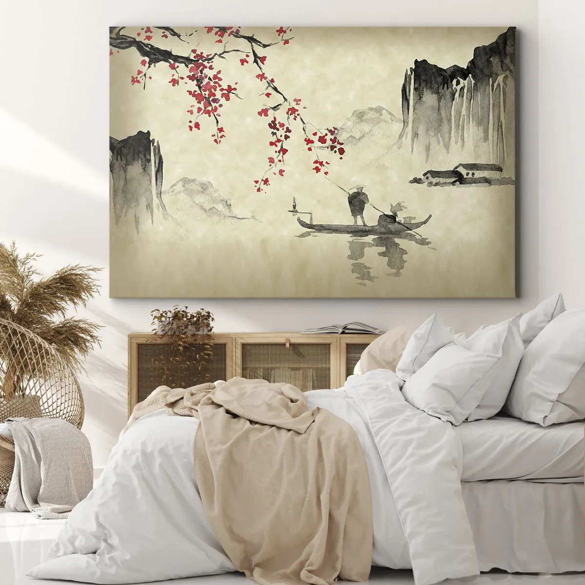 Quadro em tela - Ilustração oriental com um barco e um galho florido - 70x50cm - Na terra do sol nascente - Decoração de parede moderna para a sala de estar e quarto ARTTOR