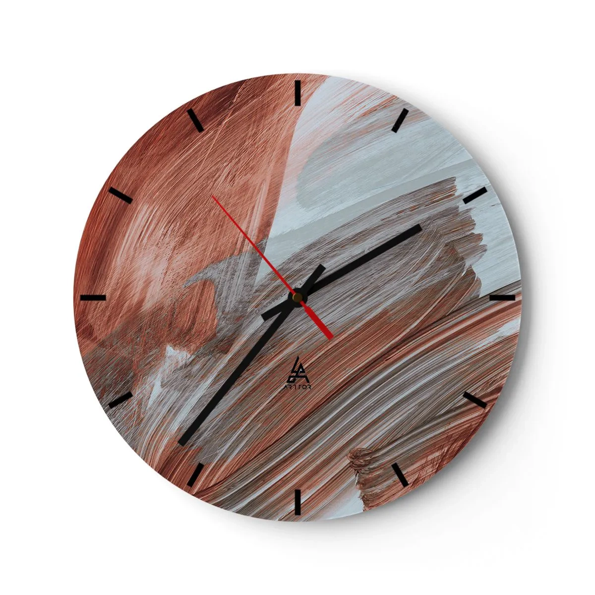Relógio de parede - Relógio em vidro - Pinceladas de outono em tons cinza-avermelhados - 30x30cm - Abstração de outono e vento - Decoração de parede moderna para a sala de estar, cozinha e quarto ARTTOR