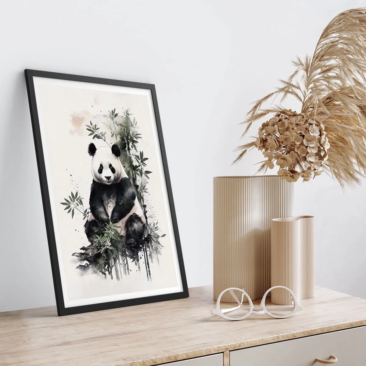 Pôster com moldura preta - Panda em aquarela cercado por folhas de bambu - 50x70cm - Saudações da China - Decoração de parede moderna para a sala de estar e quarto ARTTOR