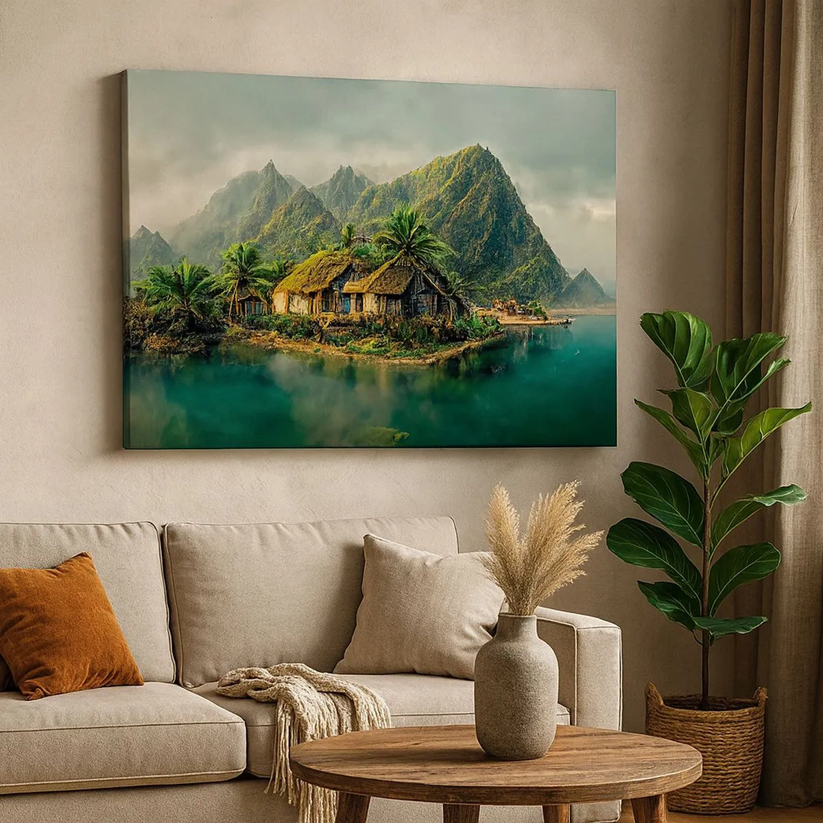 Quadro em tela - Uma ilha tropical com palmeiras e montanhas ao fundo - 70x50cm - Paraíso Tropical - Decoração de parede moderna para a sala de estar e quarto ARTTOR