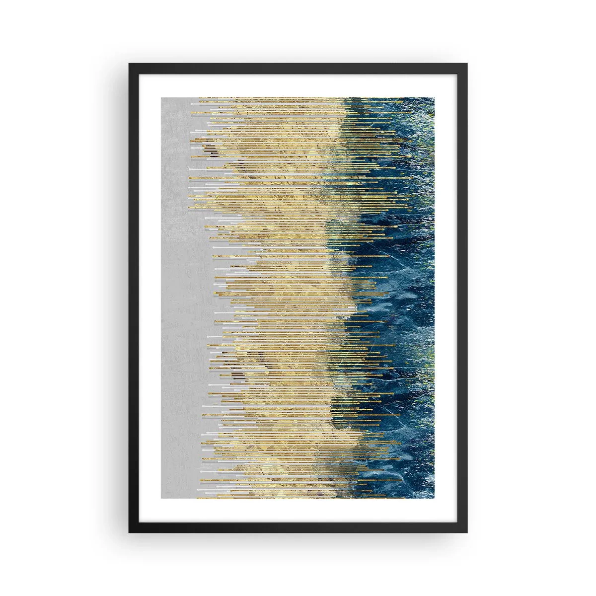Pôster com moldura preta - Uma composição abstrata inspirada em uma praia dourada e no oceano. - 50x70cm - Borda dourada - Decoração de parede moderna para a sala de estar e quarto ARTTOR