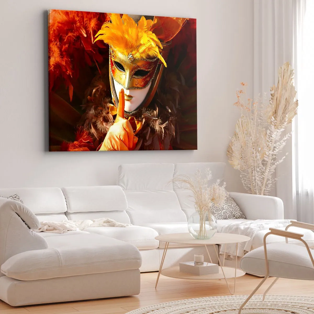 Quadro em tela - Máscara de carnaval em tons de dourado e laranja - 70x50cm - O mistério faz parte do jogo - Decoração de parede moderna para a sala de estar e quarto ARTTOR
