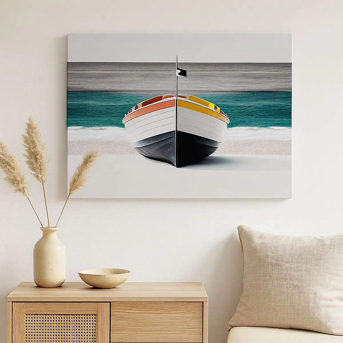 Quadro em tela - Um barco na praia com um mar turquesa ao fundo - 70x50cm - No seu lugar - Decoração de parede moderna para a sala de estar e quarto ARTTOR