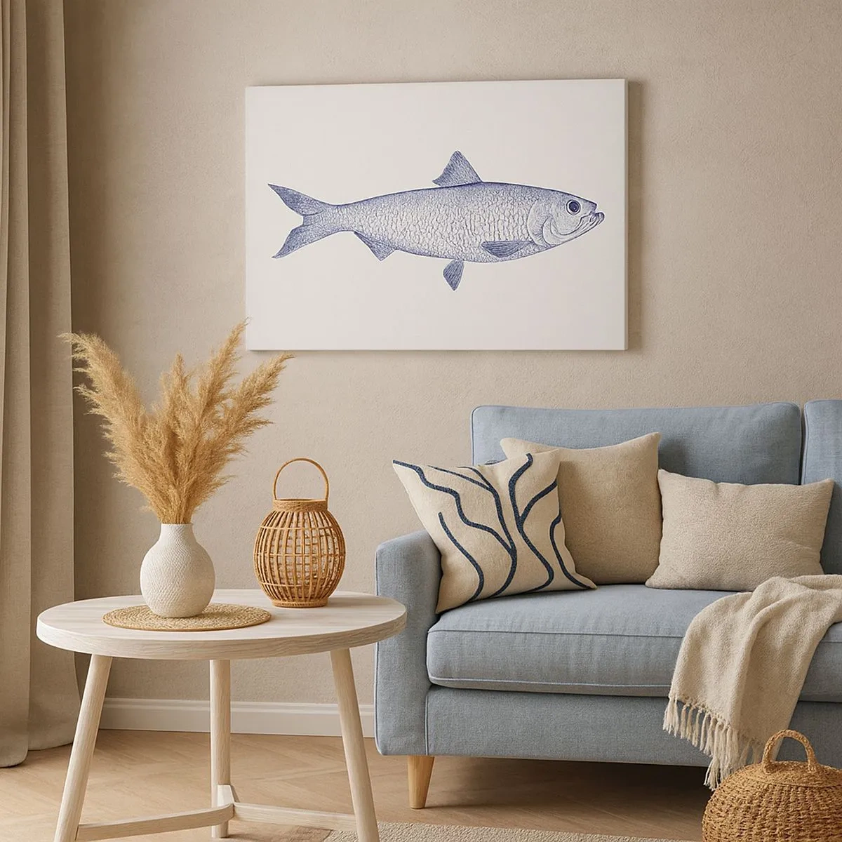 Quadro em tela - Ilustração de um peixe em tons de azul sobre fundo claro - 70x50cm - Saudações dos mares do norte - Decoração de parede moderna para a sala de estar e quarto ARTTOR