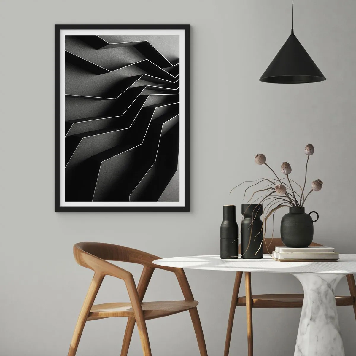 Pôster com moldura preta - Uma composição em preto e branco de estruturas geométricas e espaciais - 50x70cm - Ordem espacial - Decoração de parede moderna para a sala de estar e quarto ARTTOR