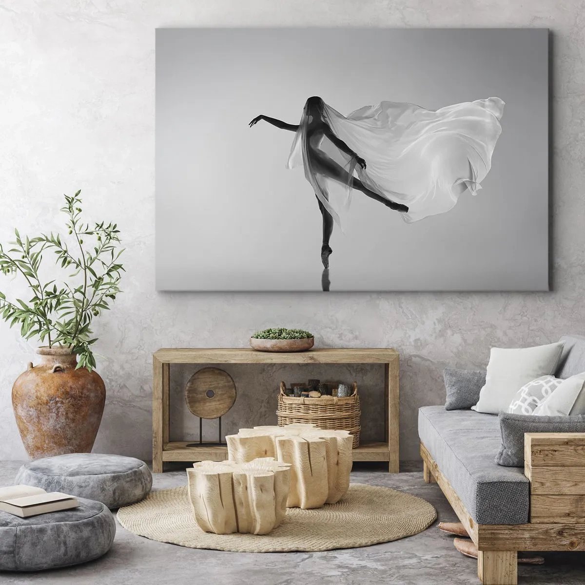 Quadro em tela - Uma dançarina em pose etérea com tecido esvoaçante - 70x50cm - Leveza e graça - Decoração de parede moderna para a sala de estar e quarto ARTTOR