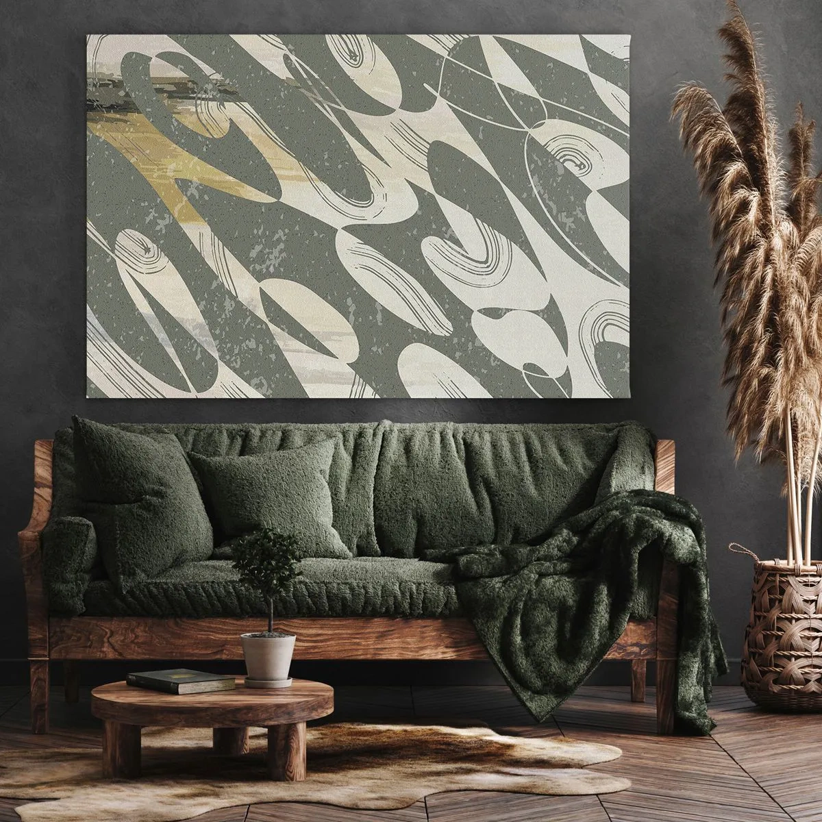 Quadro em tela - Formas dinâmicas em tons de verde e dourado - 70x50cm - Abstração rítmica - Decoração de parede moderna para a sala de estar e quarto ARTTOR