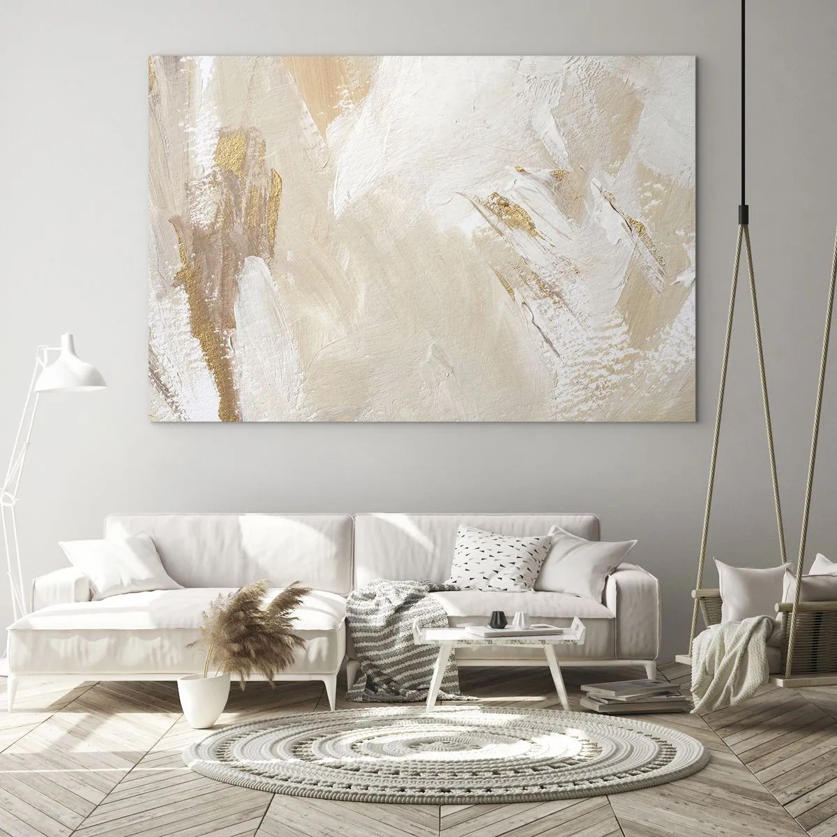 Quadro em vidro - Abstração bege e branca com detalhes dourados - 70x50cm - Composição pastel - Decoração de parede moderna para a sala de estar e quarto ARTTOR