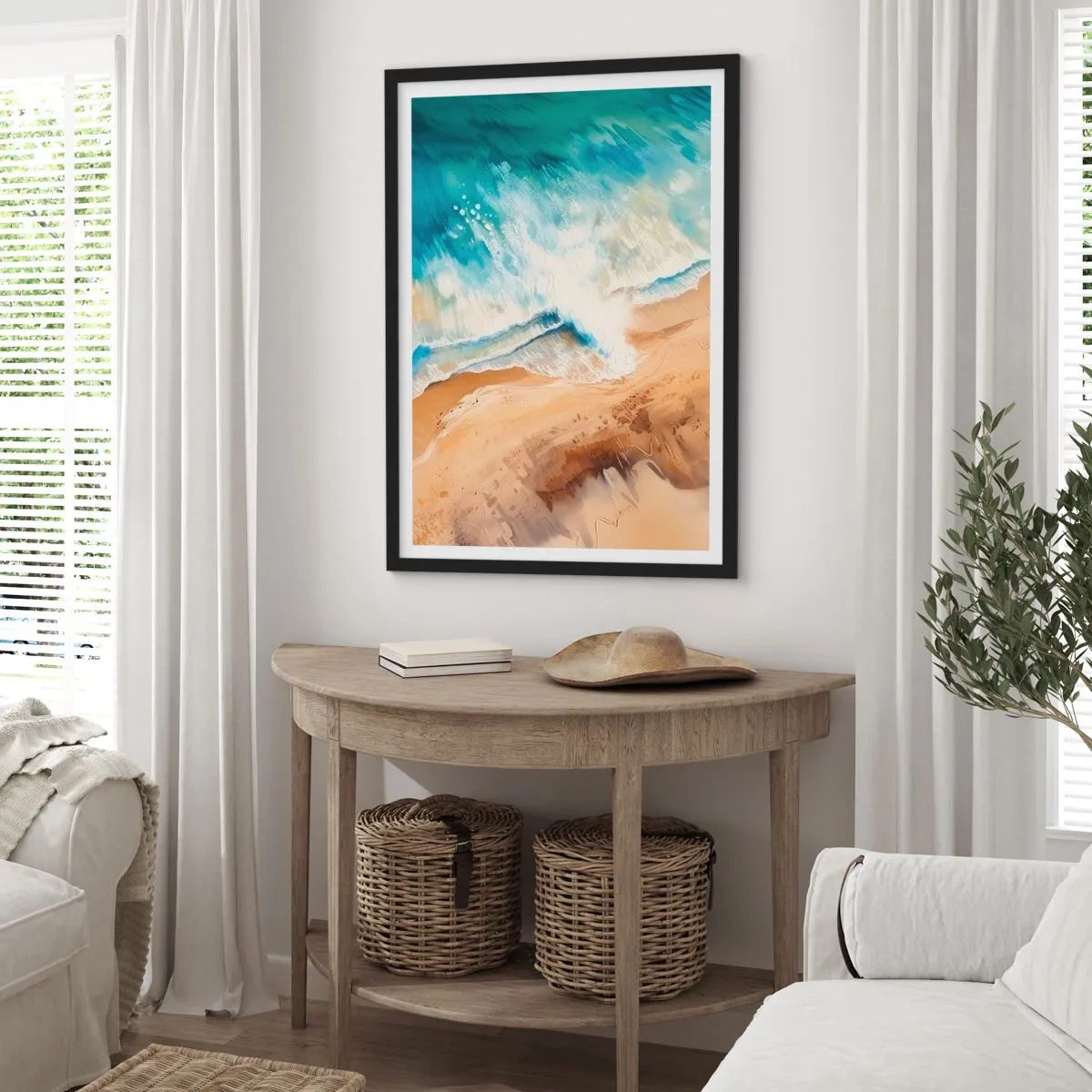 Pôster com moldura preta - Uma cena abstrata de uma onda quebrando na praia em tons de turquesa e areia. - 50x70cm - A onda que retorna - Decoração de parede moderna para a sala de estar e quarto ARTTOR