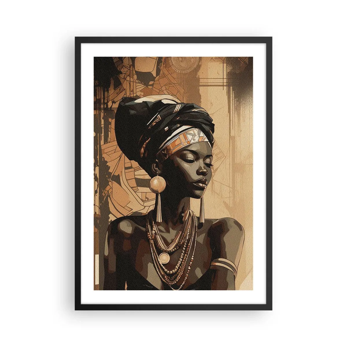 Pôster com moldura preta - Retrato de uma mulher africana usando ornamentos tradicionais - 50x70cm - Majestade africana - Decoração de parede moderna para a sala de estar e quarto ARTTOR