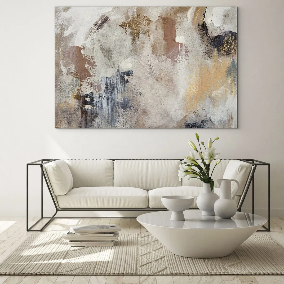 Quadro em vidro - Composição abstrata bege e marrom em estilo nebuloso - 70x50cm - Abstração enevoada - Decoração de parede moderna para a sala de estar e quarto ARTTOR