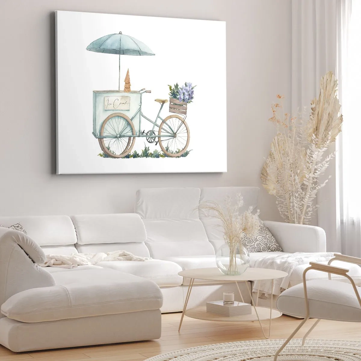 Quadro em tela - Uma bicicleta com sorvete e flores sob um guarda-chuva em delicadas cores pastel - 70x50cm - Doce lembrança do verão - Decoração de parede moderna para a sala de estar e quarto ARTTOR
