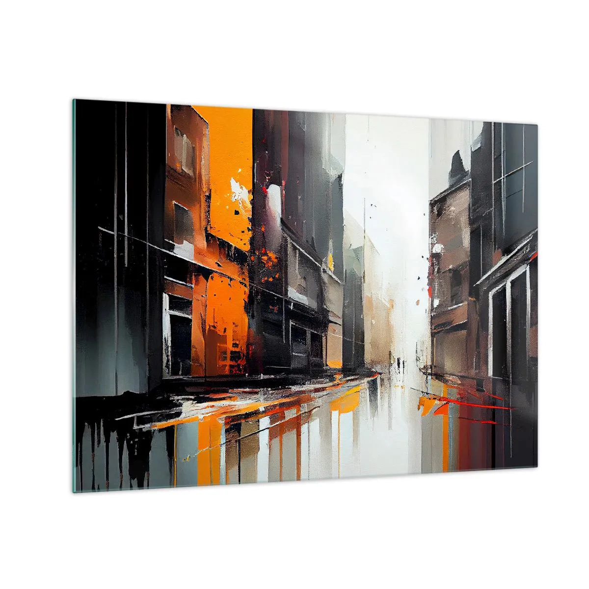 Quadro em vidro - Uma rua na chuva com prédios altos em cores quentes - 70x50cm - Dia chuvoso - Decoração de parede moderna para a sala de estar e quarto ARTTOR