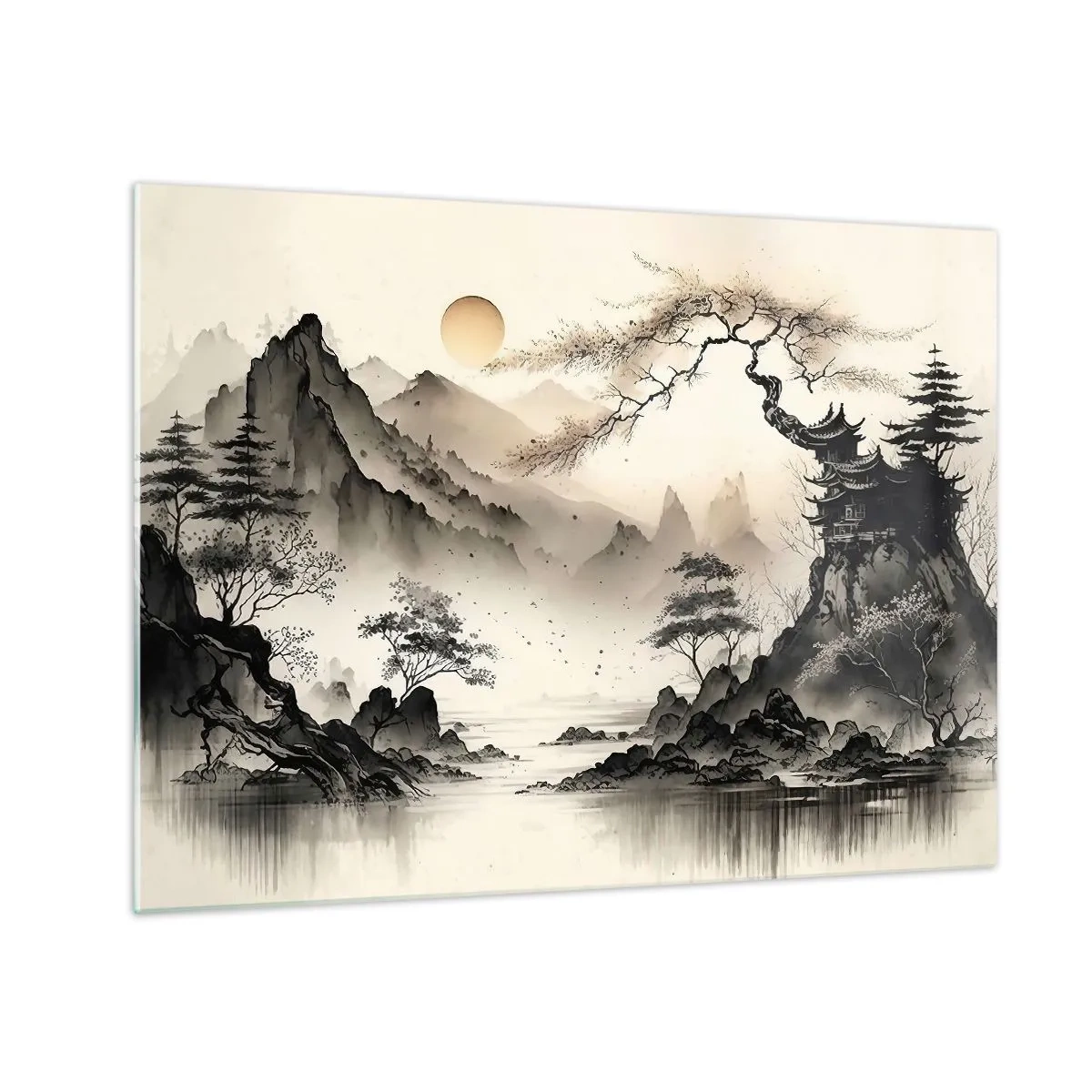 Quadro em vidro - Paisagem montanhosa oriental com um pagode e árvores - 70x50cm - O charme único do Oriente - Decoração de parede moderna para a sala de estar e quarto ARTTOR