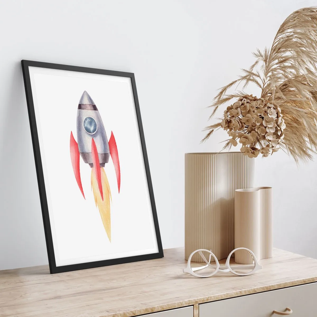 Pôster com moldura preta - Foguete espacial estilo aquarela - 50x70cm - Mais alto, mais rápido e mais longe - Decoração de parede moderna para a sala de estar e quarto ARTTOR