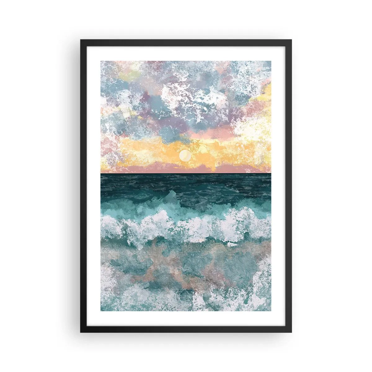 Pôster com moldura preta - Ondas do mar e pôr do sol em estilo aquarela - 50x70cm - Água, luz, ar - Decoração de parede moderna para a sala de estar e quarto ARTTOR