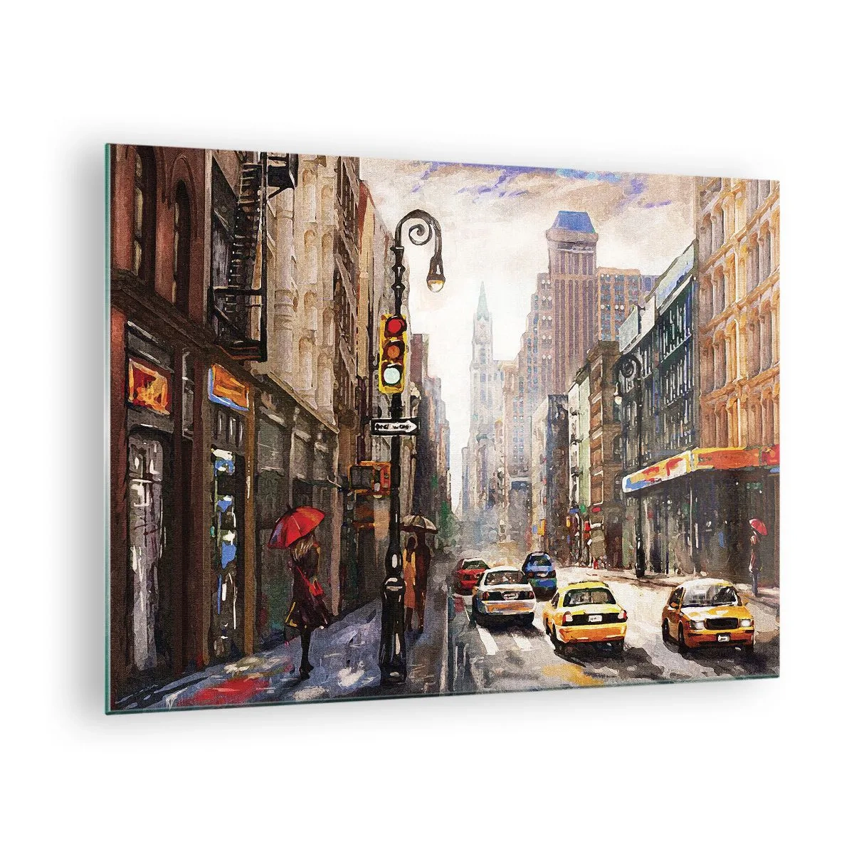 Quadro em vidro - Nova York – também colorida na chuva - 70x50cm - Nova York – colorida também na chuva - Decoração de parede moderna para a sala de estar e quarto ARTTOR