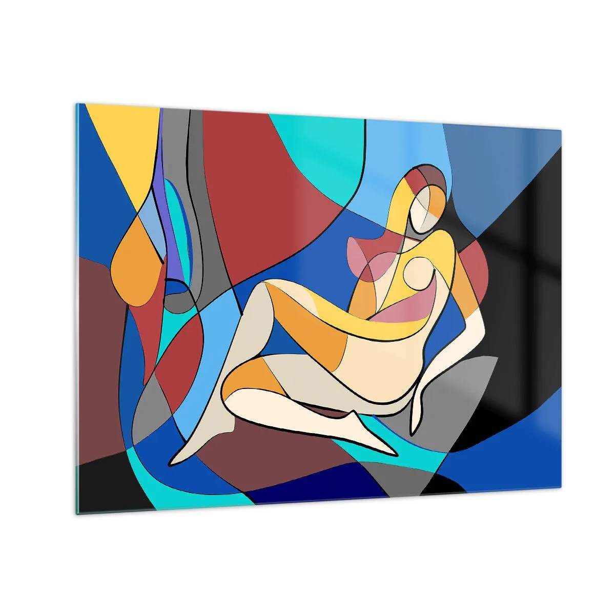 Quadro em vidro - Mulher cubista em uma composição abstrata - 70x50cm - Acto cubista - Decoração de parede moderna para a sala de estar e quarto ARTTOR