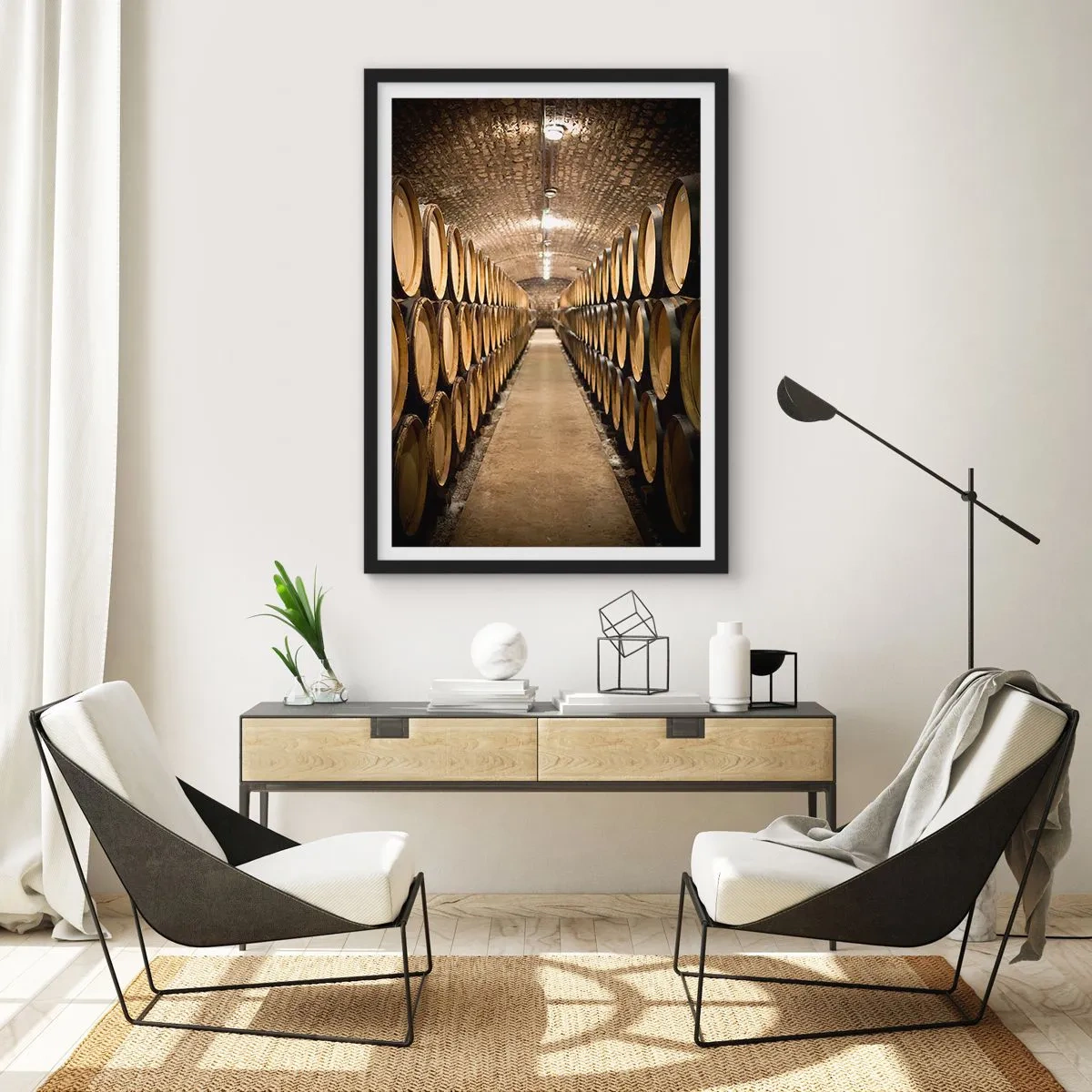 Pôster com moldura preta - Uma adega cheia de barris de vinho - 50x70cm - Em um porão de tijolos - Decoração de parede moderna para a sala de estar e quarto ARTTOR