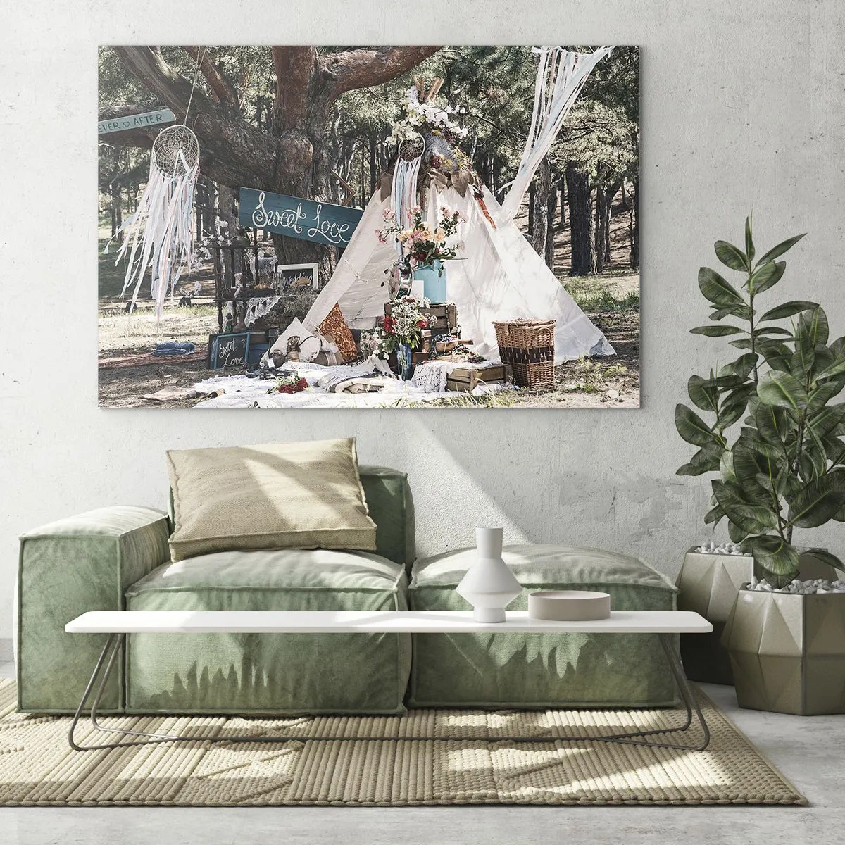 Quadro em vidro - Decoração boho para áreas externas com tipi e flores na floresta - 70x50cm - Make love… - Decoração de parede moderna para a sala de estar e quarto ARTTOR