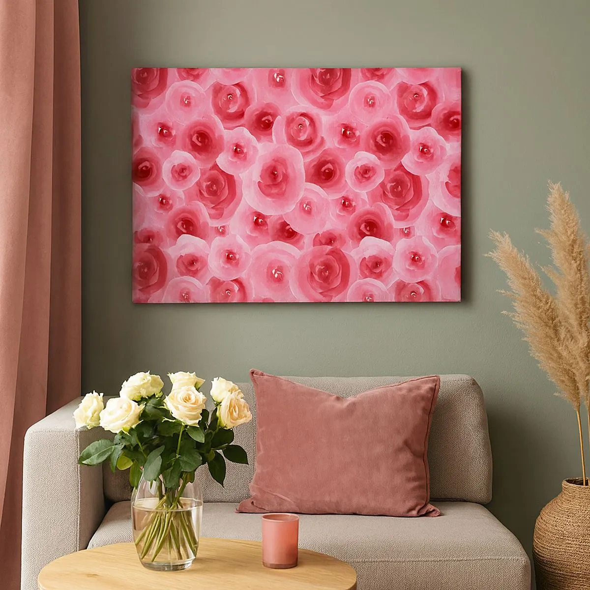Quadro em tela - Rosas delicadas em tons pastéis de rosa - 70x50cm - Rosas acima e abaixo - Decoração de parede moderna para a sala de estar e quarto ARTTOR