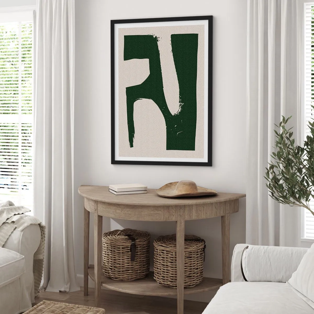 Pôster com moldura preta - Abstração minimalista em verde e bege - 50x70cm - Baías de branco - Decoração de parede moderna para a sala de estar e quarto ARTTOR