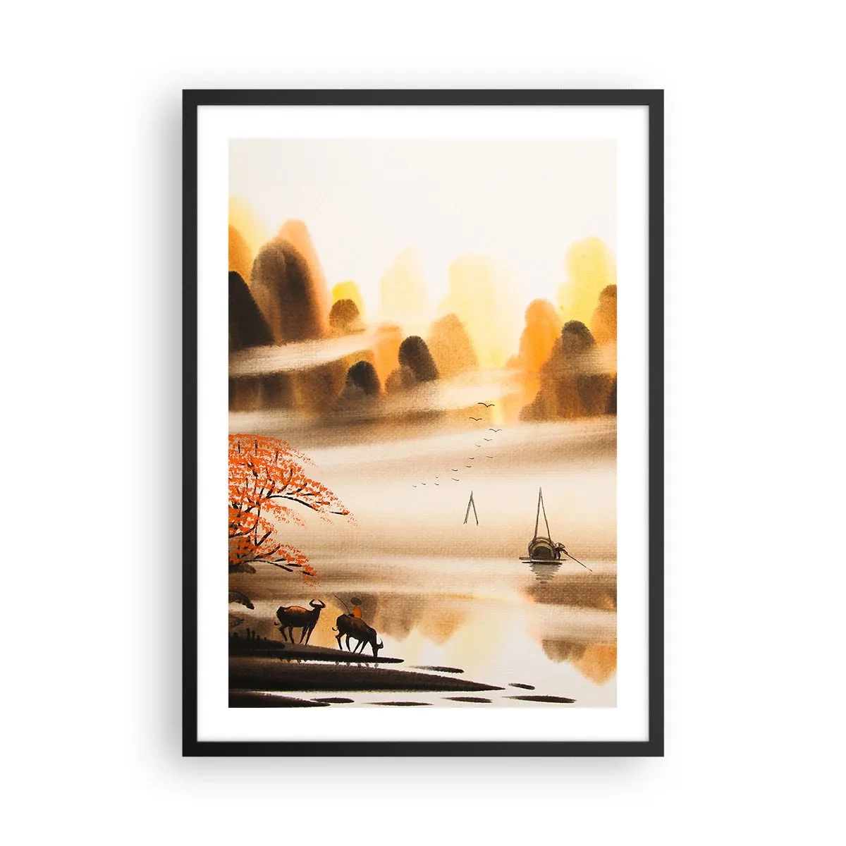 Pôster com moldura preta - Paisagem montanhosa oriental no nevoeiro com um barco e animais - 50x70cm - Além do Extremo Oriente - Decoração de parede moderna para a sala de estar e quarto ARTTOR