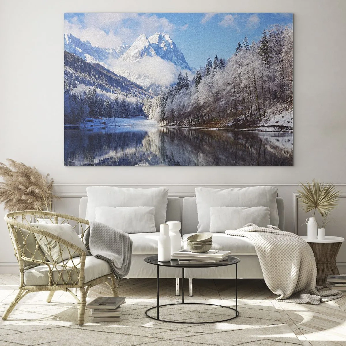 Quadro em vidro - Paisagem de inverno com montanhas e um lago congelado - 70x50cm - Guarda de neve - Decoração de parede moderna para a sala de estar e quarto ARTTOR