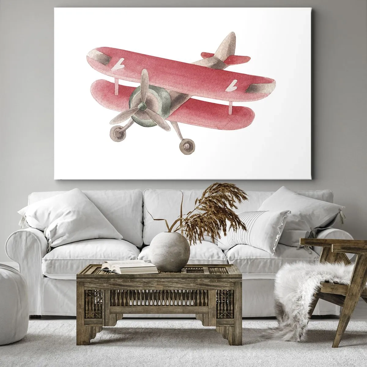 Quadro em tela - Avião retrô vermelho em fundo branco - 70x50cm - Pronto para voos altos - Decoração de parede moderna para a sala de estar e quarto ARTTOR