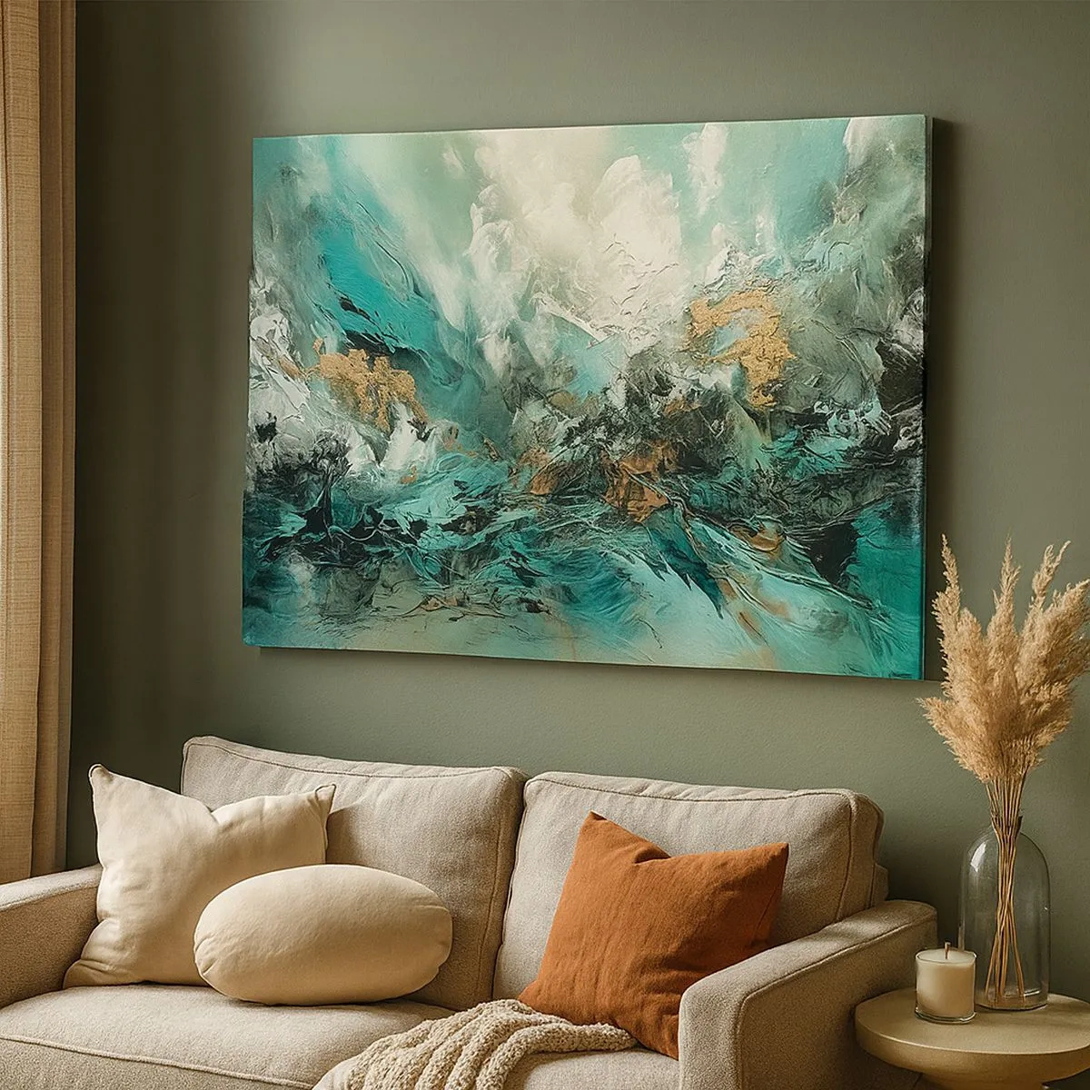 Quadro em tela - Paisagem abstrata em tons de verde e dourado - 70x50cm - Surf esmeralda e preto - Decoração de parede moderna para a sala de estar e quarto ARTTOR