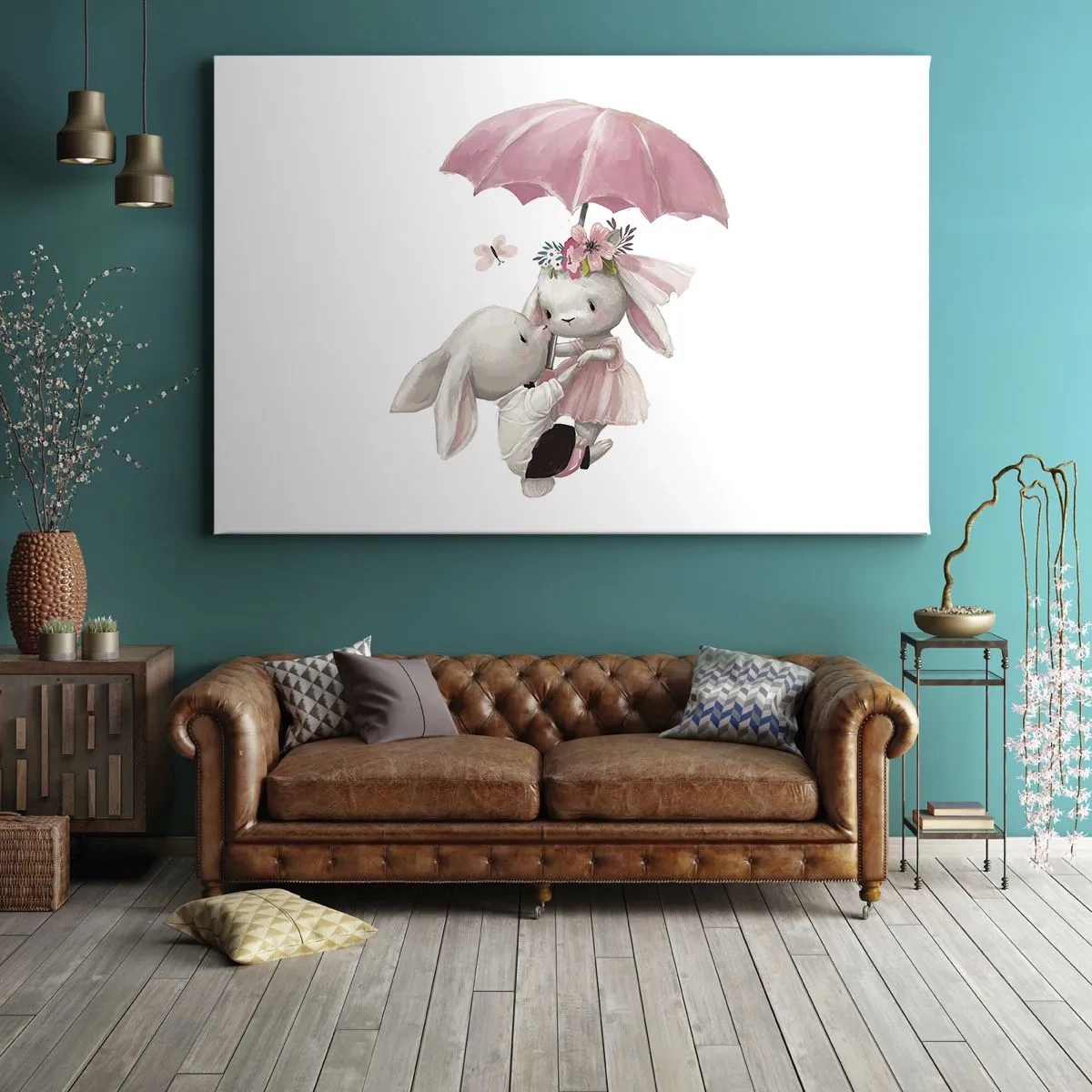 Quadro em tela - Coelhinhos fofos sob um guarda-chuva rosa - 70x50cm - Isso é amor - Decoração de parede moderna para a sala de estar e quarto ARTTOR